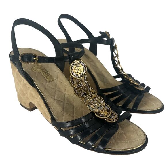 Chanel Coin Medallion Quilted Suede & Leather Heeled Wedge Sandals - Picture 3 of 16